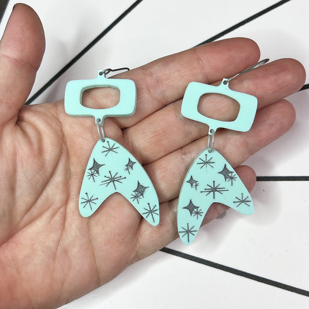 Aqua Atomic Boomerang Earrings