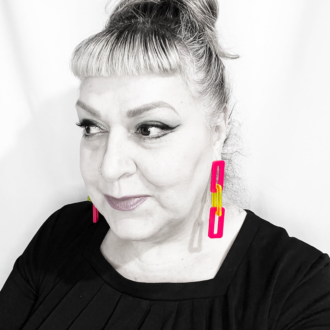 Large Link Earrings - Hot Pink and Neon Yellow