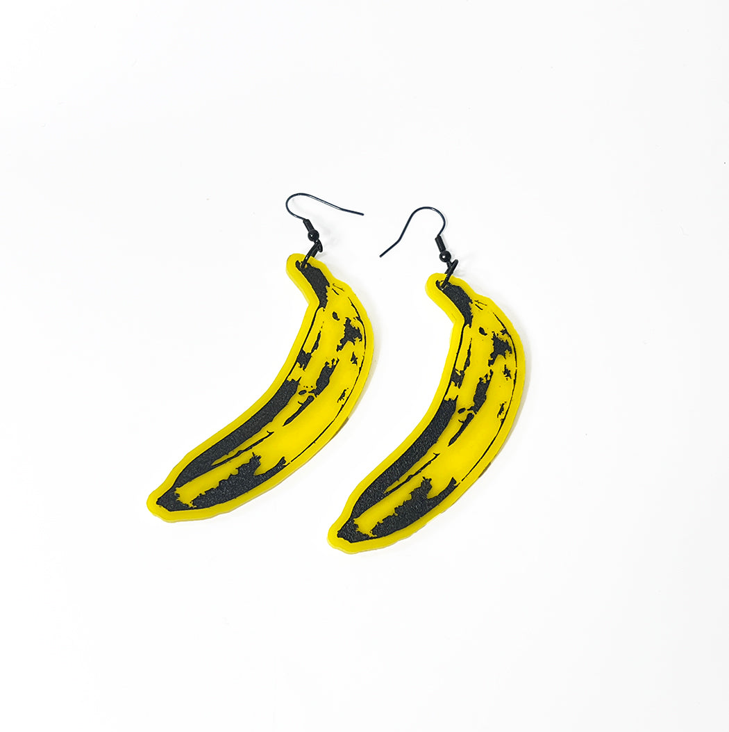 Bright yellow pop art banana acrylic earrings by Barbe Saint John