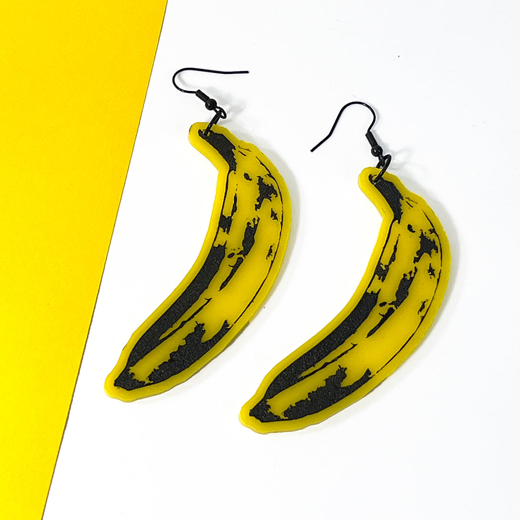 Warhol inspired Acrylic Banana Earrings, Surrealist Banana Earrings from Barbe Saint John.
