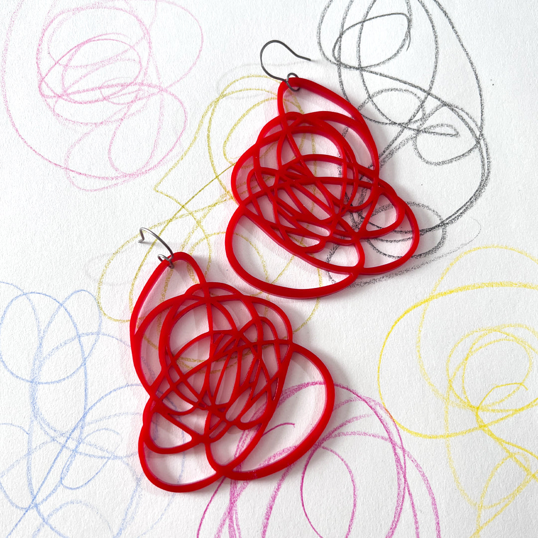 Large red Scribbled Doodle Earrings from by Barbe Jewelry.