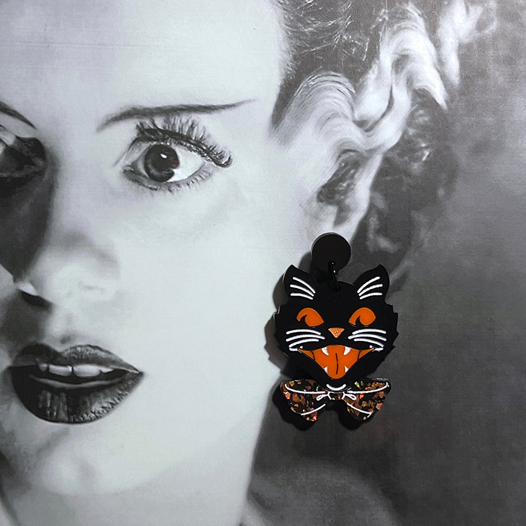 Black acrylic halloween kitty statement earrings by Barbe Saint John