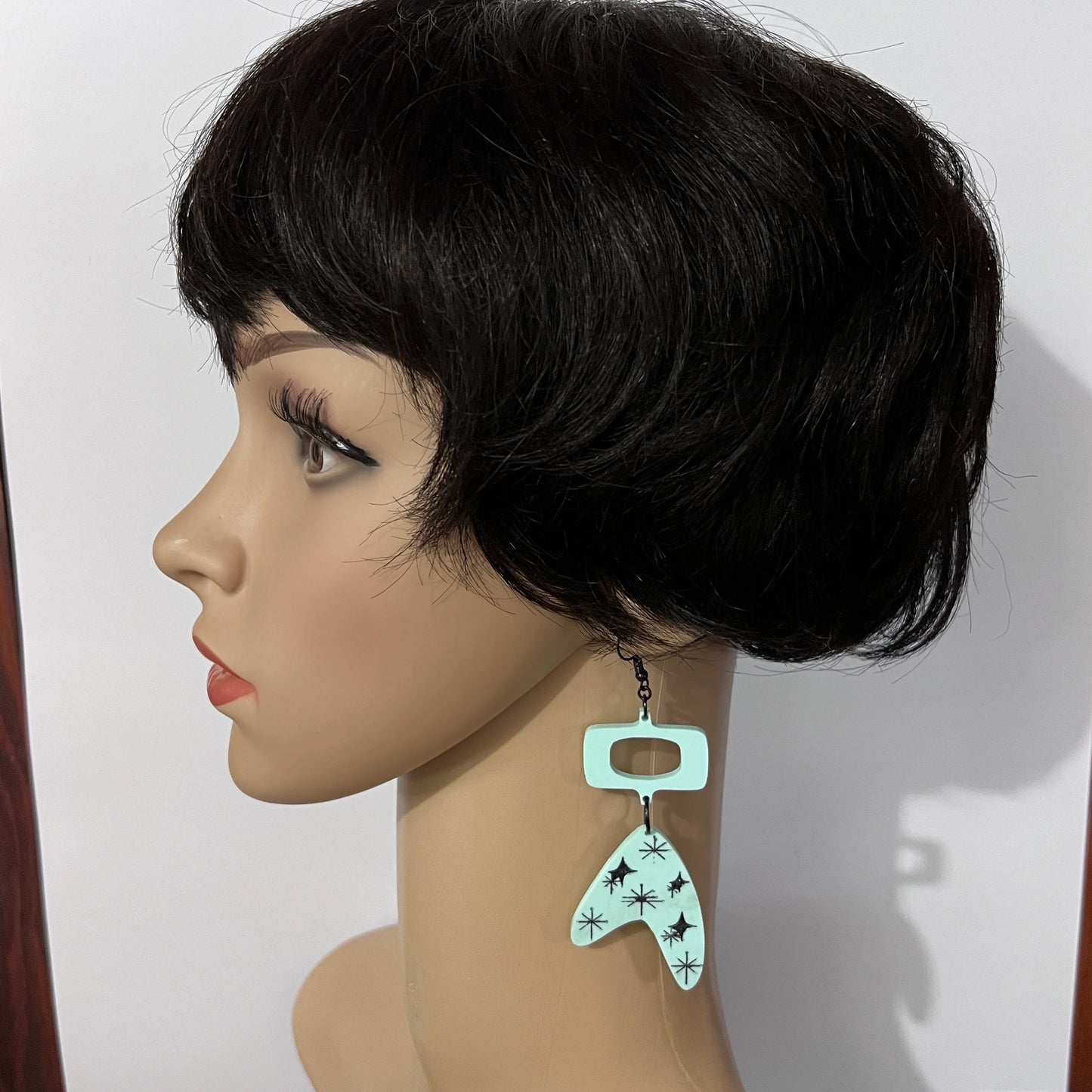 Retro Acrylic Aqua and Black Boomerang Earrings