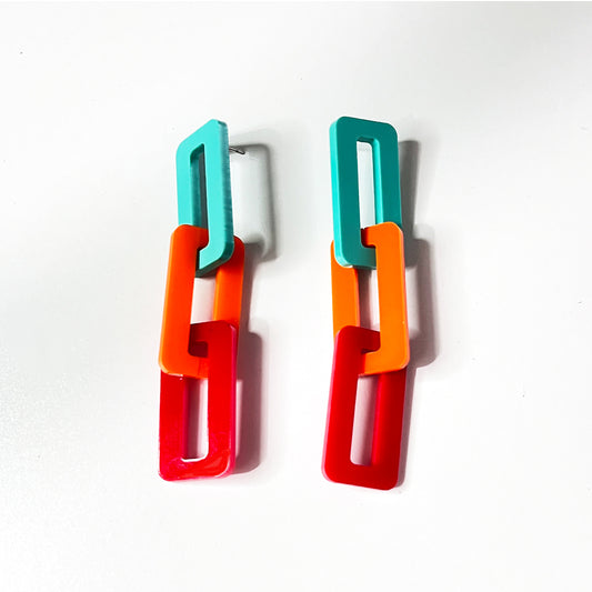 Large Link Chain Earrings in Aqua, Orange and Red