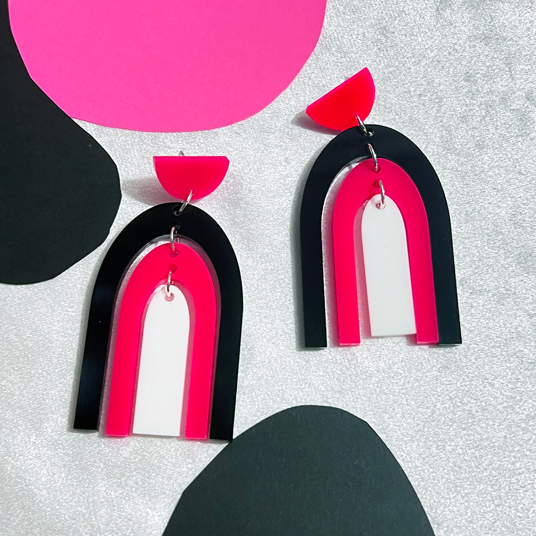 Hot Pink, Black and White Arch Earrings
