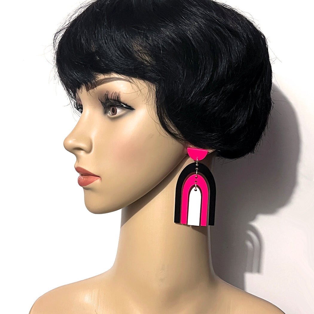 Hot Pink, Black and White Arch Earrings