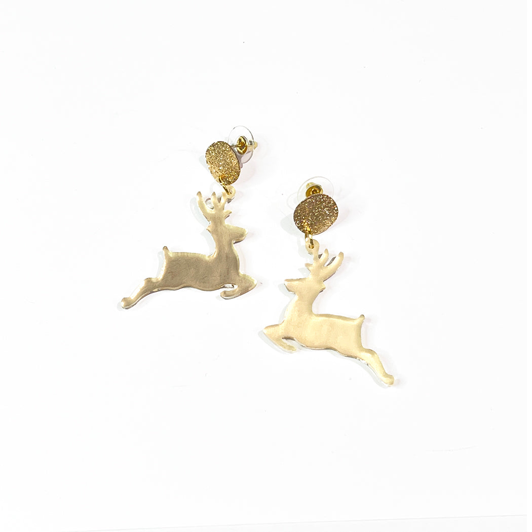 Frosted Gold Mirror Retro Leaping Deer Earrings