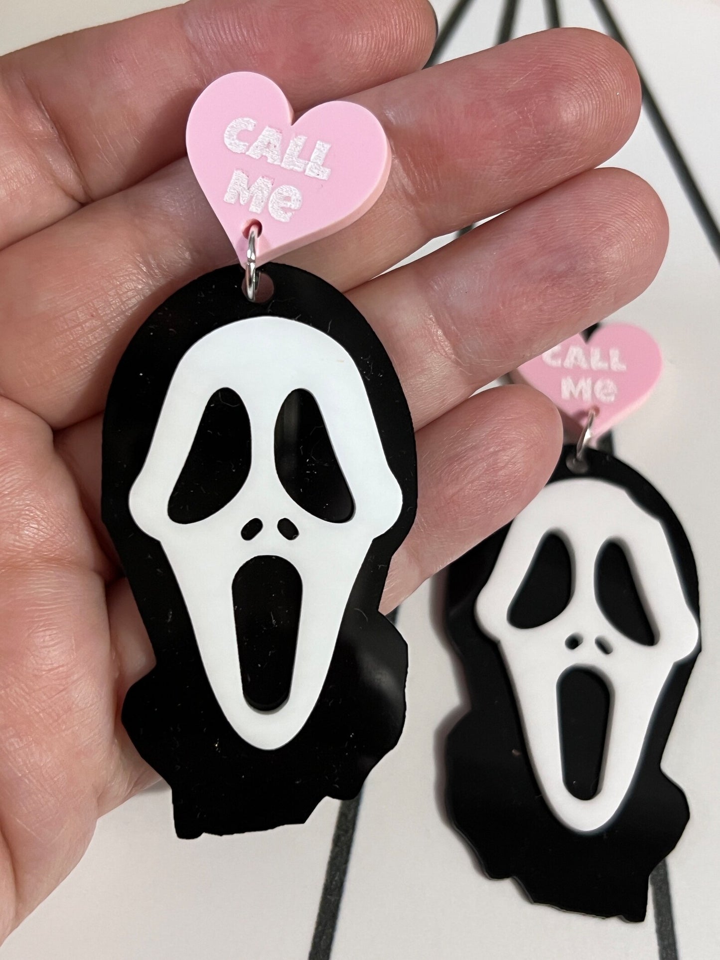 Ghostface Earrings with Pink Hearts