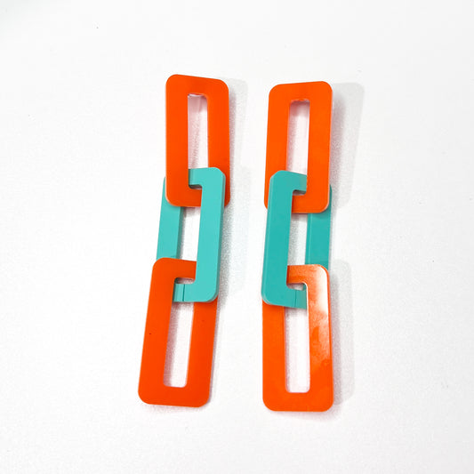 Extra Large Link Earrings - Orange and Aqua