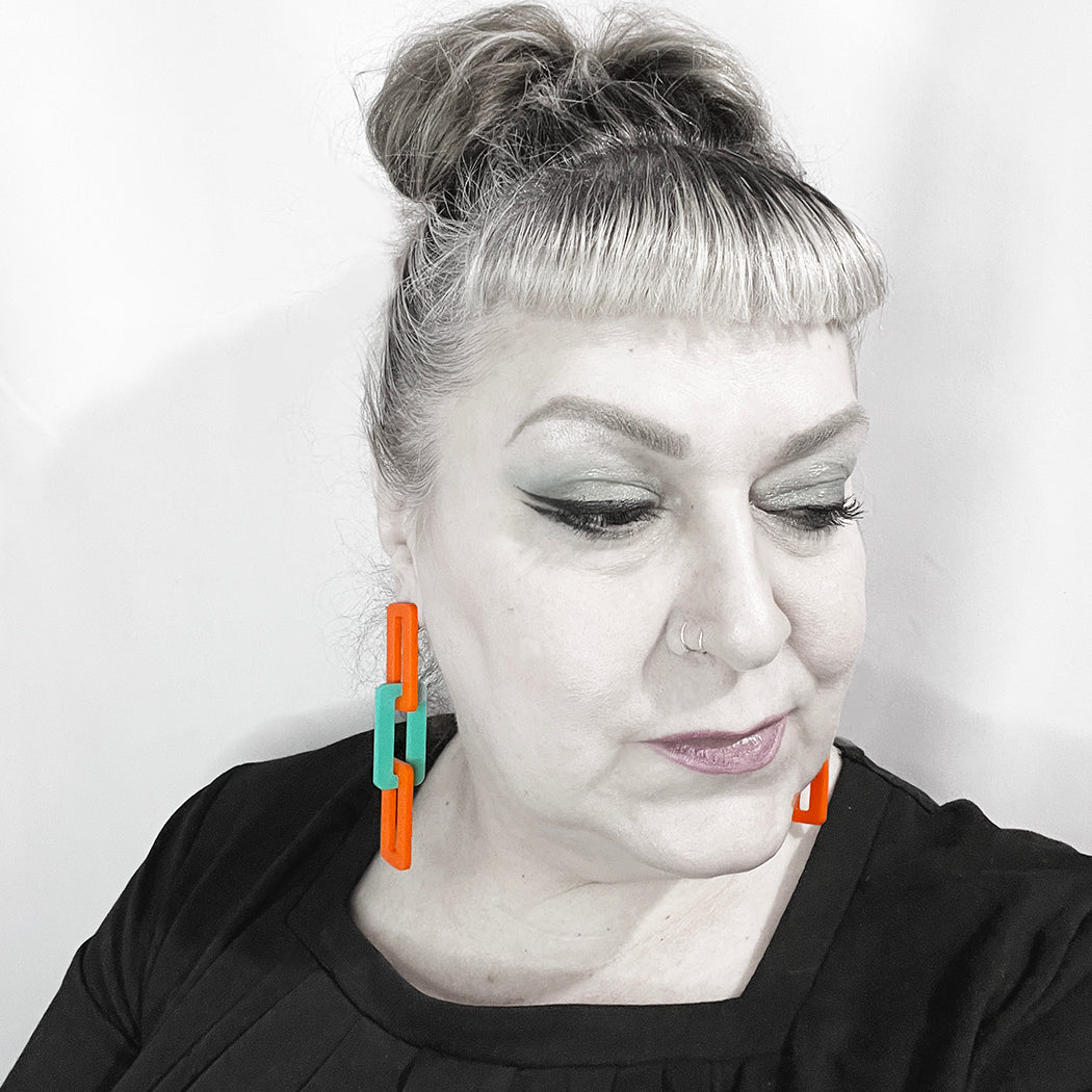Large Link Earrings - Orange and Aqua