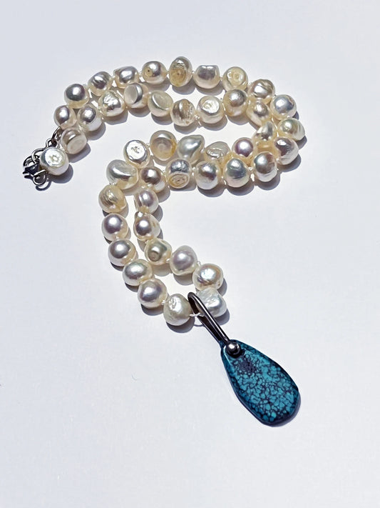 Knotted Freshwater Pearl and Turquoise Rain Drop Necklace