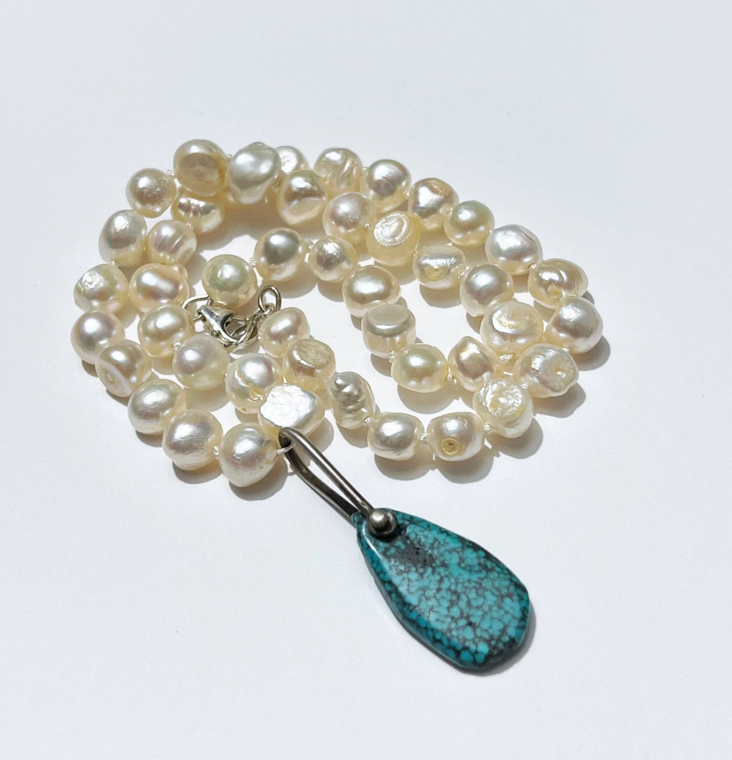 Knotted Freshwater Pearl and Turquoise Rain Drop Necklace