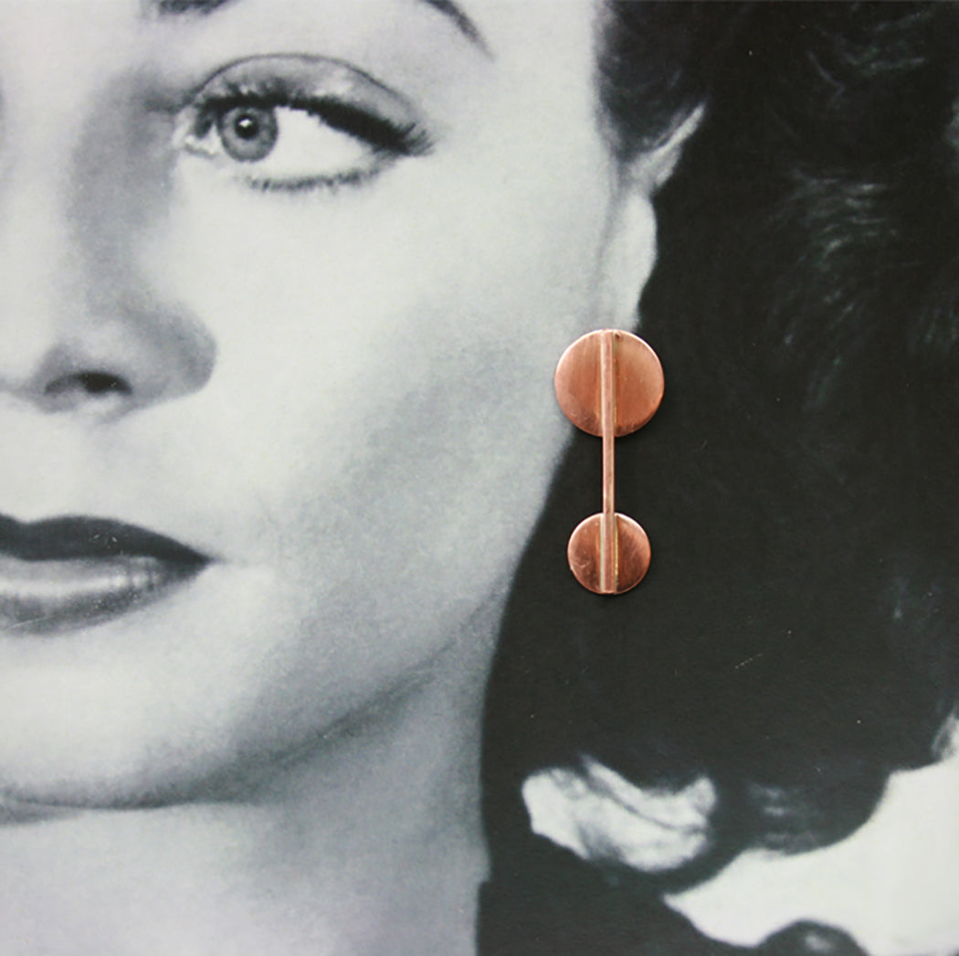 Modernist inspired, copper pendulum earrings from by Barbe Jewelry, Cleveland OH