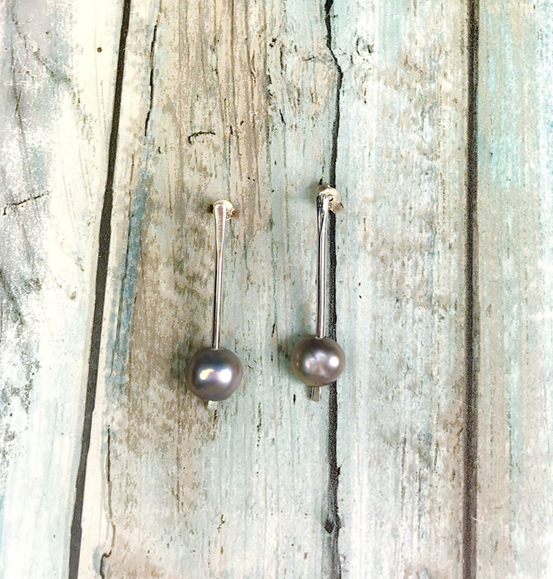 Delicate minimalist contemporary earrings in sterling with pearls from by Barbe Jewelry, Cleveland Oh