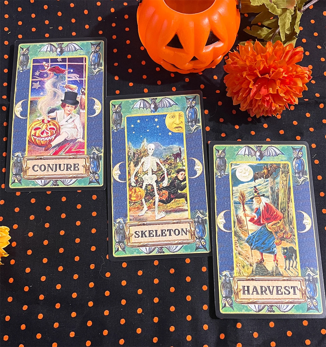 Three cards from the Tricks & Treats vintage Halloween Oracle deck by Barbe Saint John.