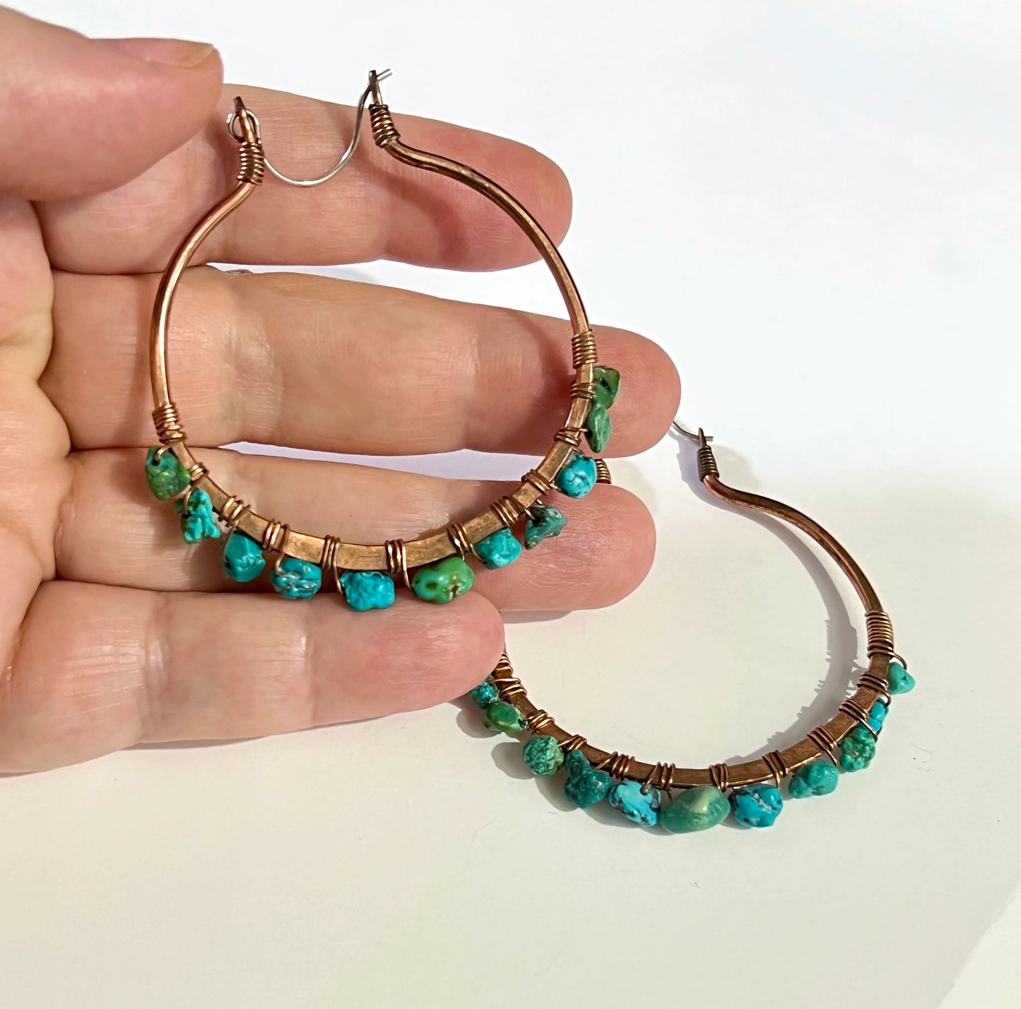 Boho Goddess Copper and Old Turquoise Wirewrapped Hoop Earrings