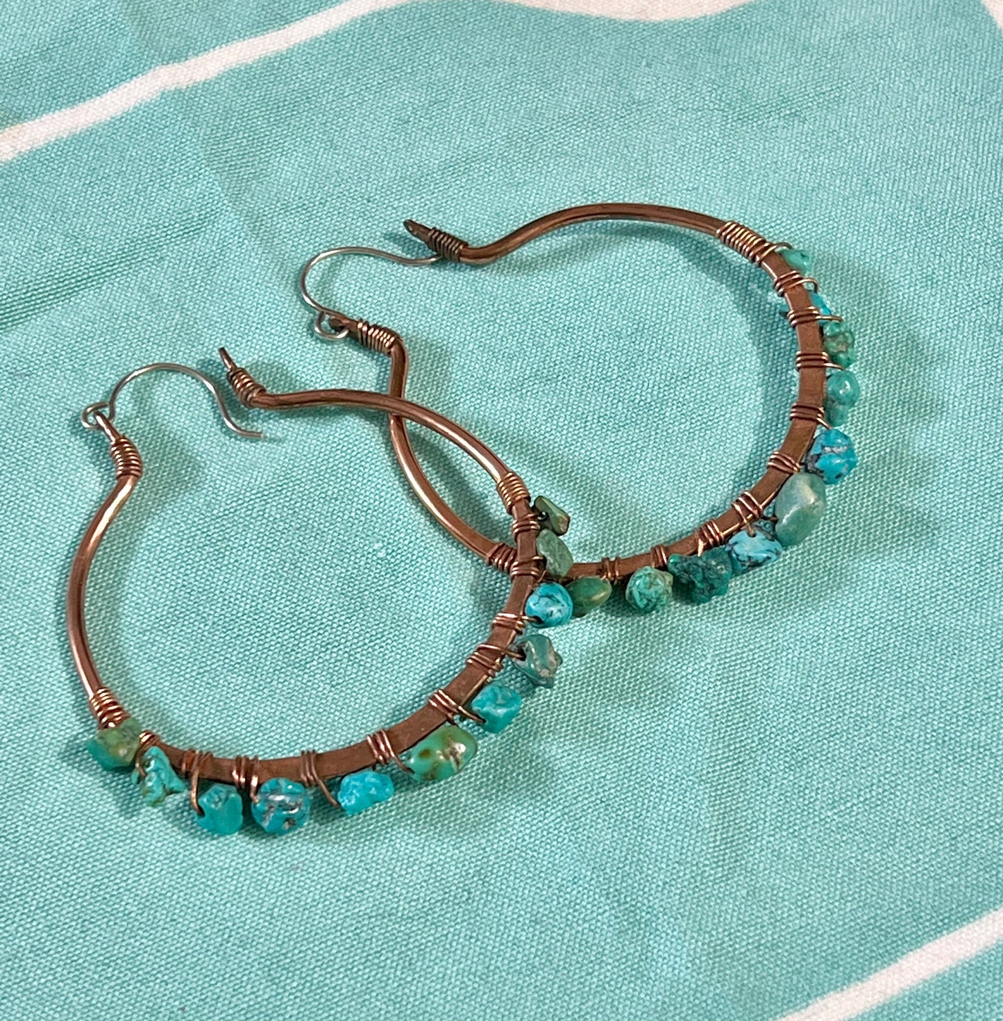 Boho Goddess Copper and Old Turquoise Wirewrapped Hoop Earrings