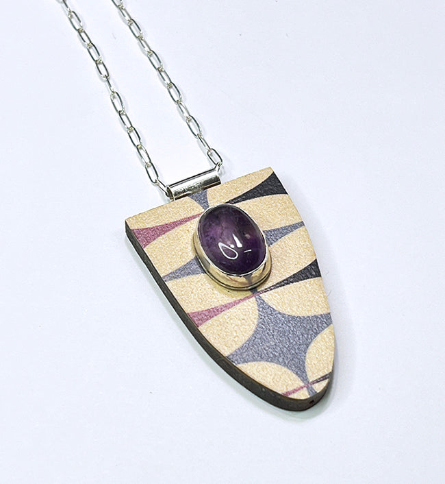 Googie inspired, retro Atomic Laminate in purple and cream with amethyst cabochon pendant on sterling chain