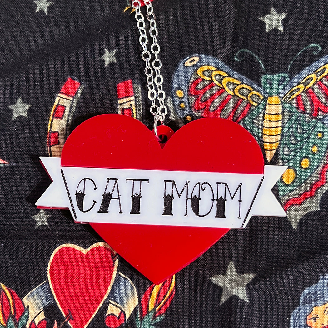 Cat Mom Tattoo Heart Necklace