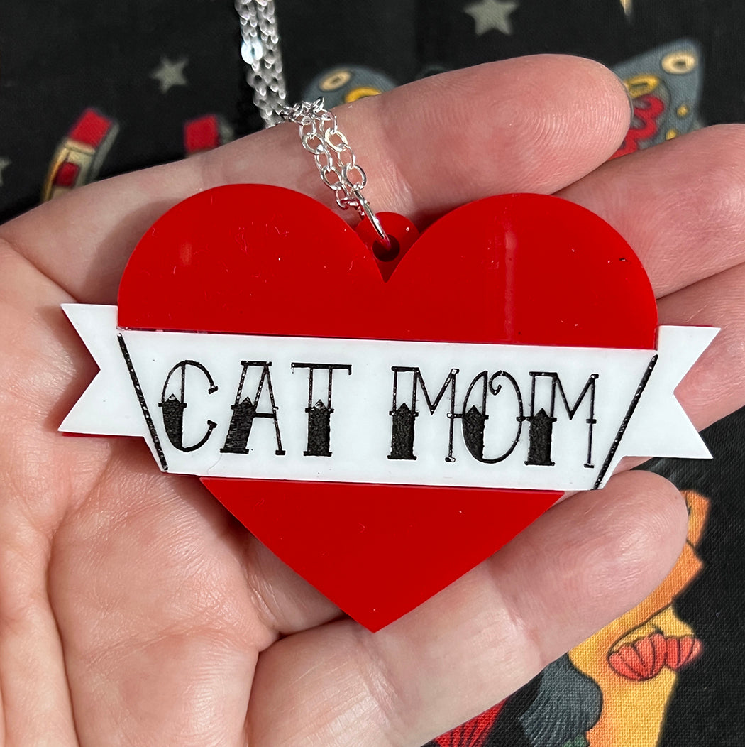 Cat Mom Tattoo Heart Necklace