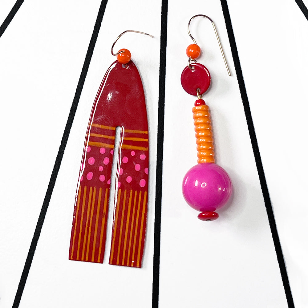 Red, Pink and Orange asymetrical mismatched statement earrings by Barbe Saint John