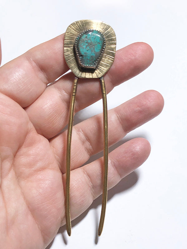 Large Freeform Turquoise and Brass Hair Fork