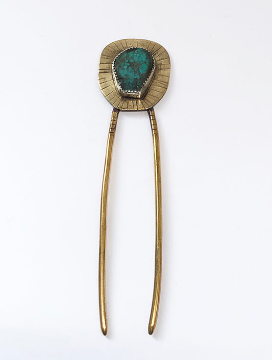 Large Freeform Turquoise and Brass Hair Fork