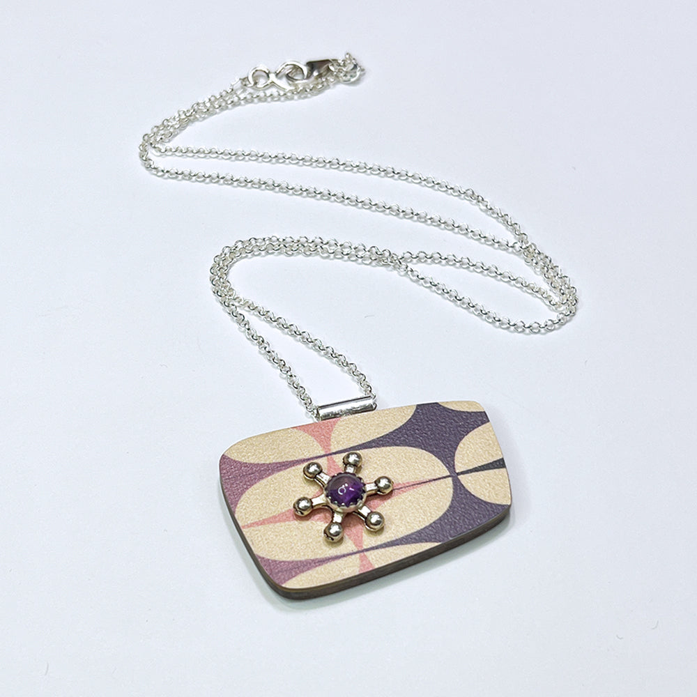 Purple and Pink Populuxe necklace. Googie inspired retro atomic laminate and amethyst stone on sterling chain necklace. 