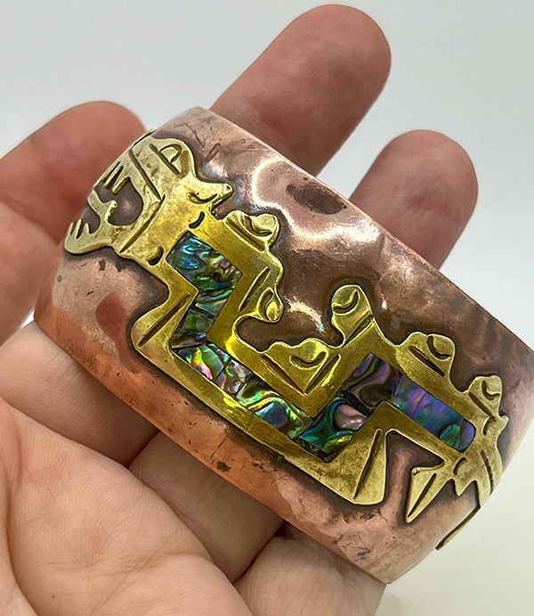 Vintage 50s Mexican Copper Quetzalcoatl Abalone Inlaid Cuff Bracelet